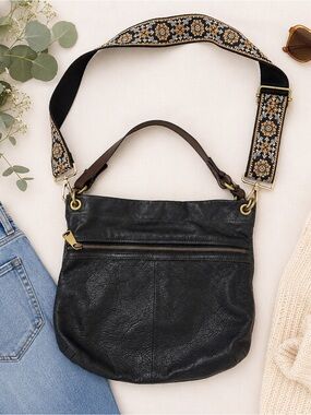 Fossil Black Leather Hobo Shoulder Bag with Adjustable Floral Guitar Strap